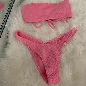 High cut ribbed bandeau bikini set